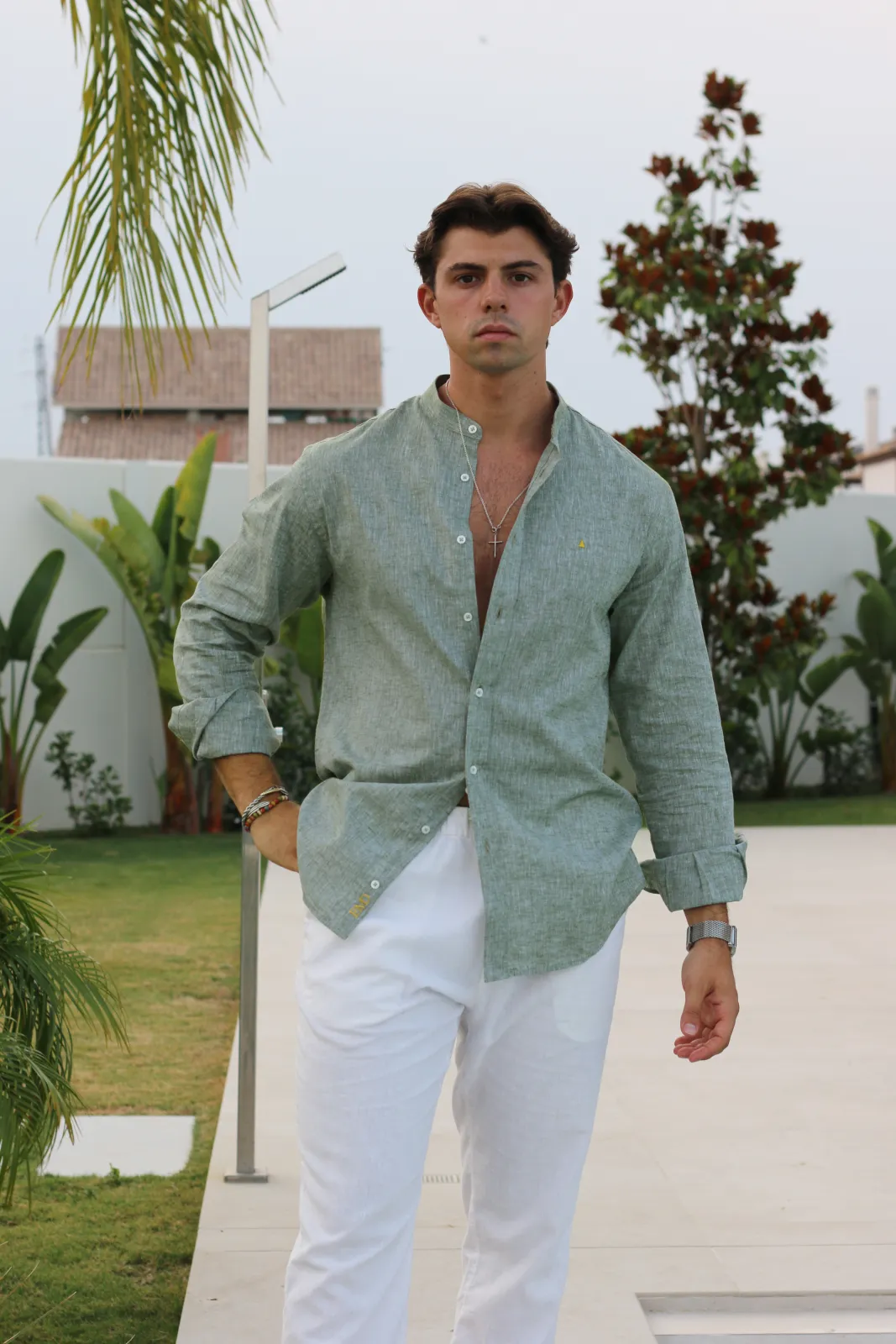 CAMISA LINO VERDE CAQUI TRIÁNGULO - Imagen 2