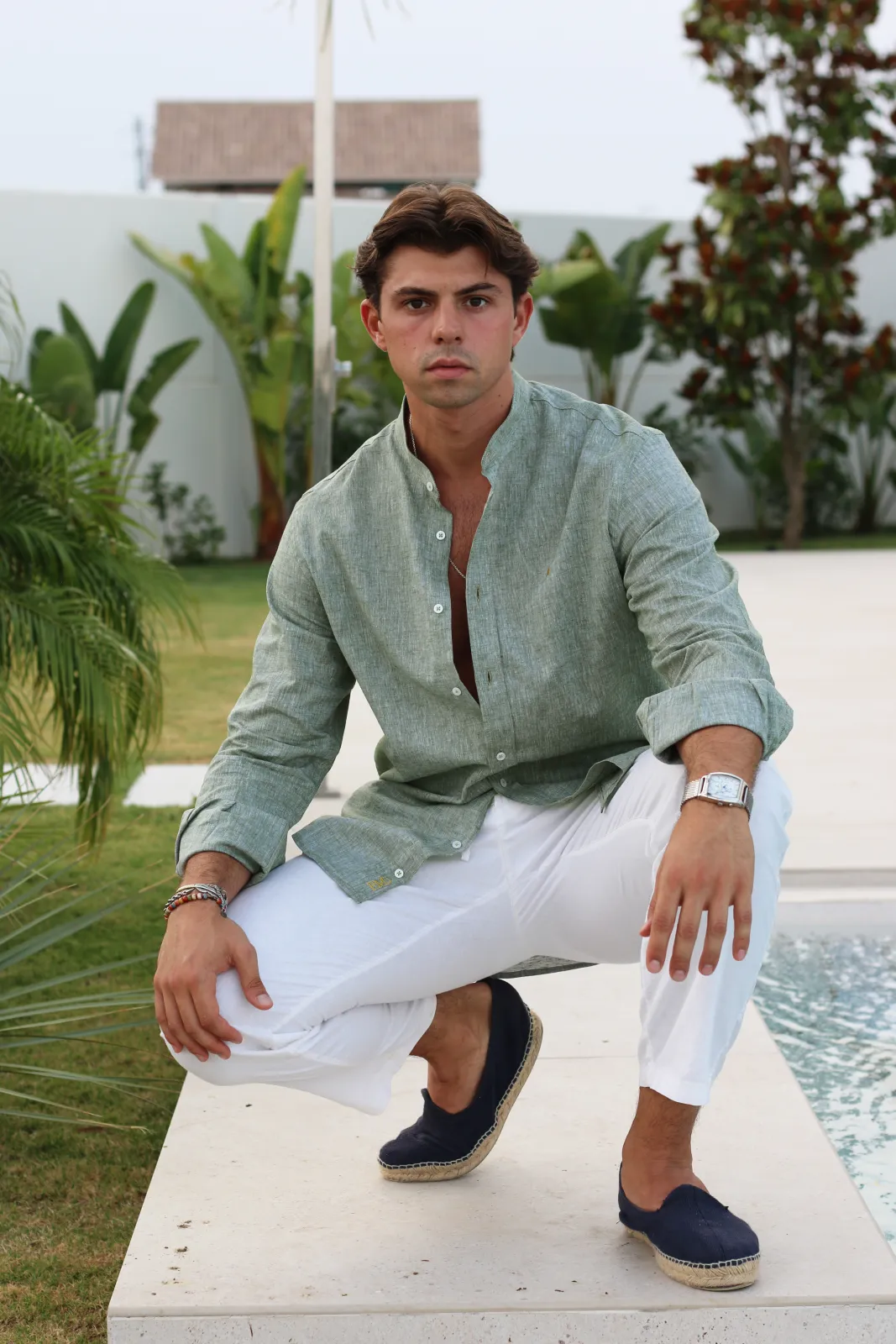 CAMISA LINO VERDE CAQUI TRIÁNGULO